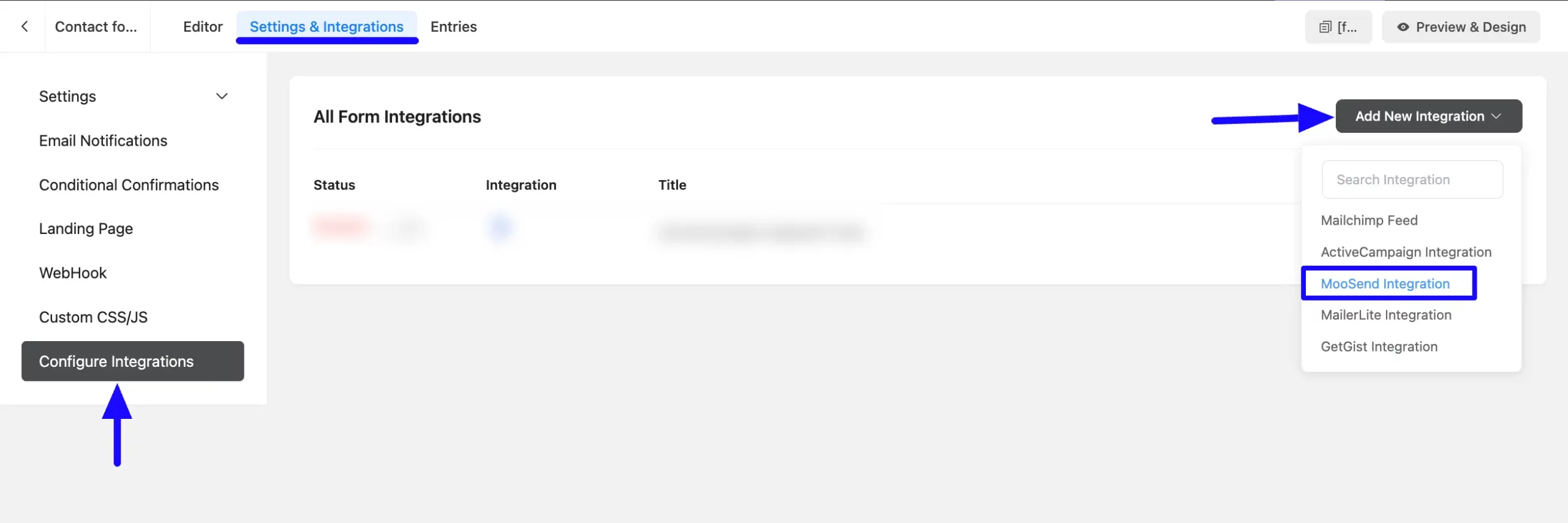 Add Integration Button Integrate MooSend