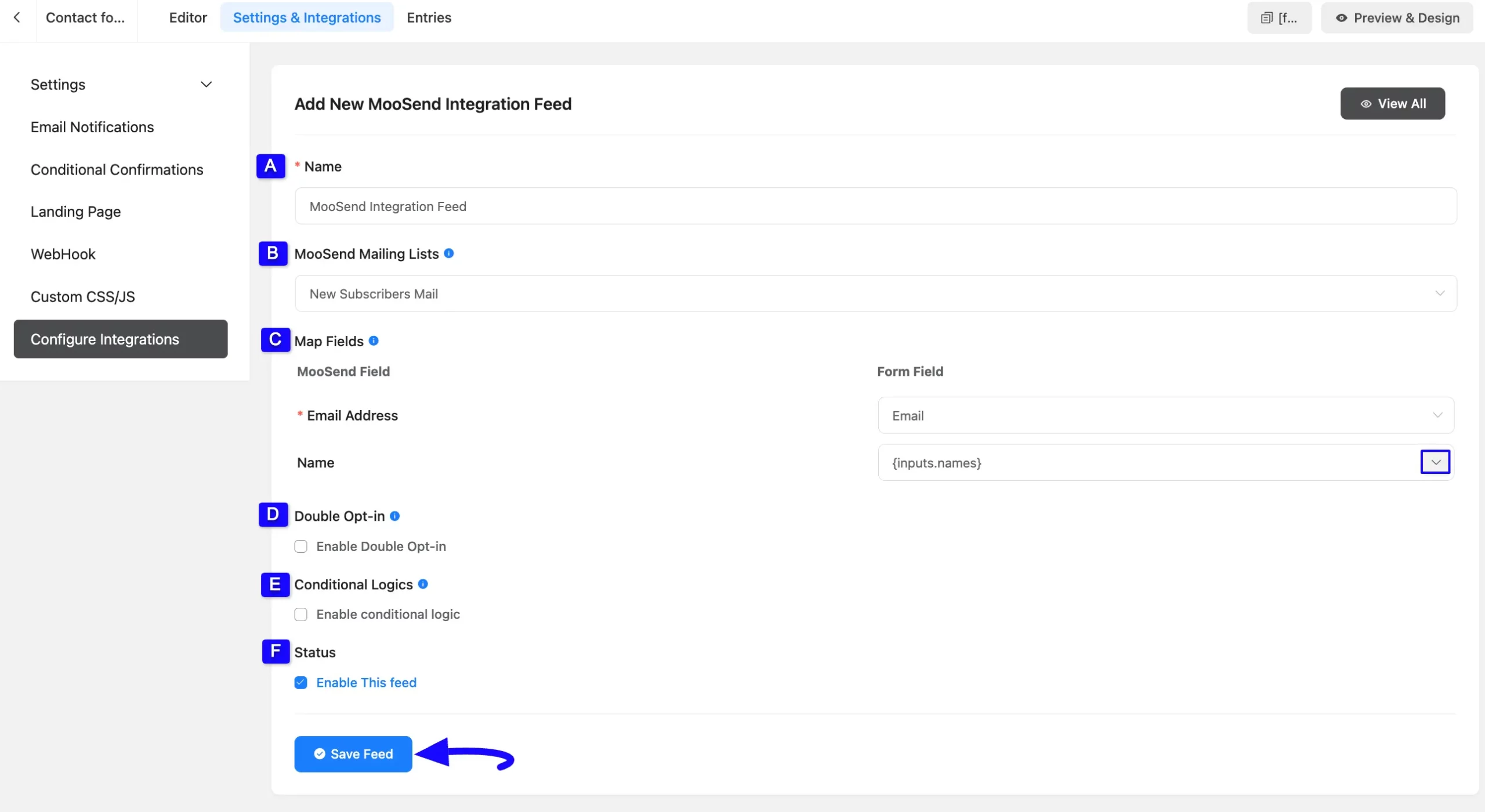 Save Feed Button Integrate MooSend