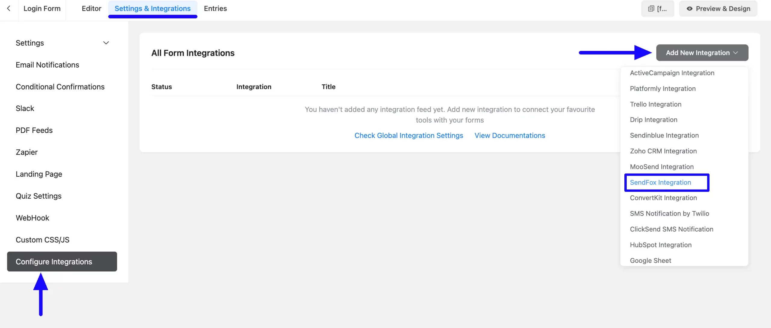 Add Integration Dropdown Integrate SendFox