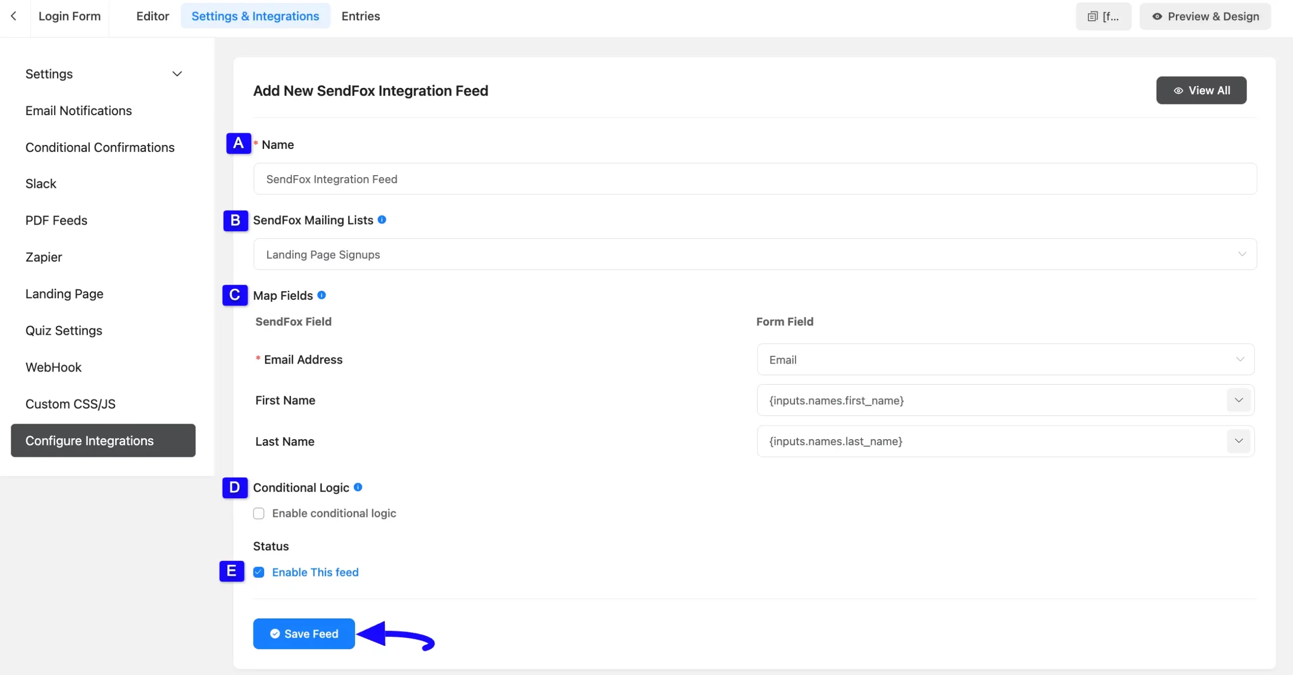 Save Feed Button Integrate SendFox