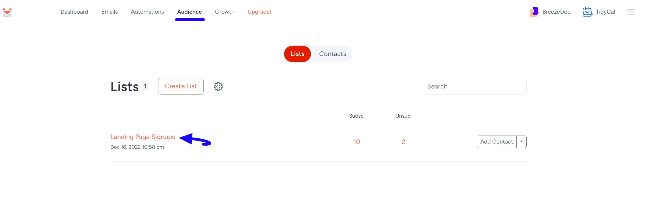 Audience Tab Sendfox