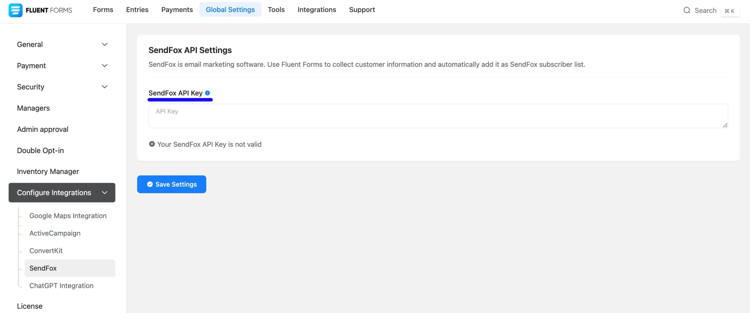 Sendfox API Settings Page