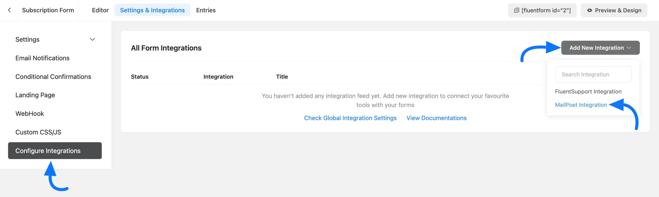 Configure Integrations Add Integration MailPoet