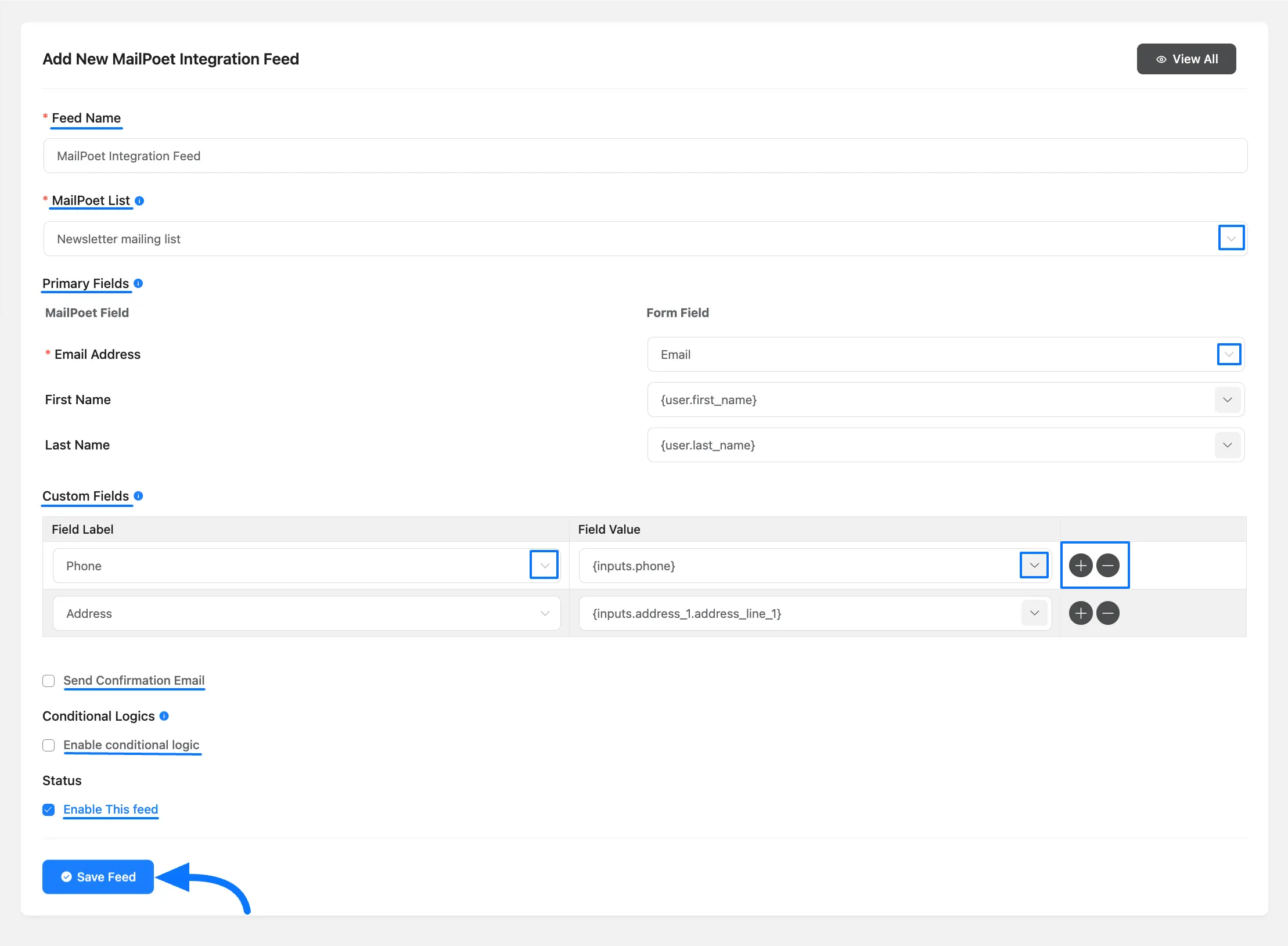 MailPoet Integration Feed
