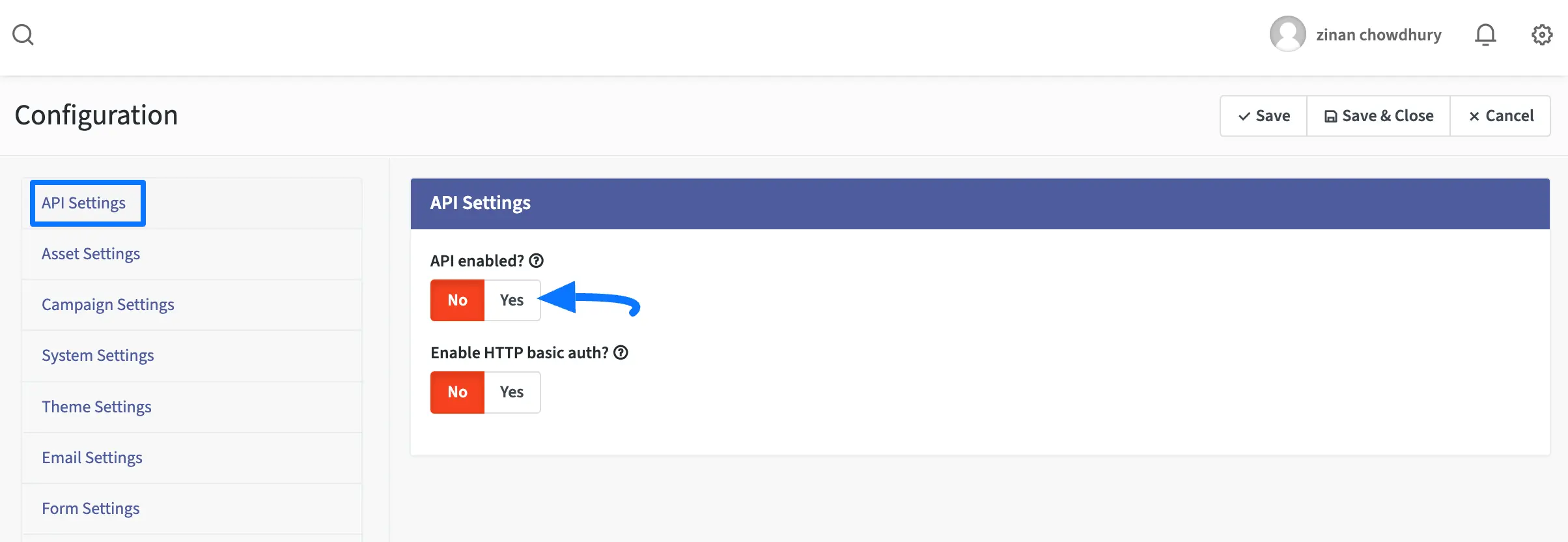 Yes Button Enable API Credentials