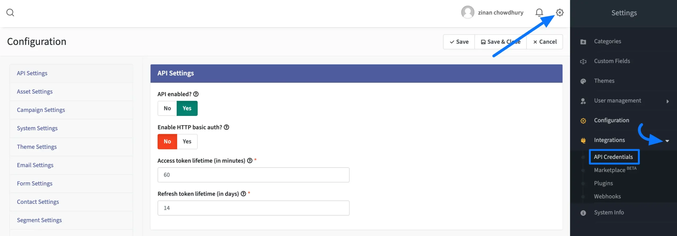 API Credentials Button