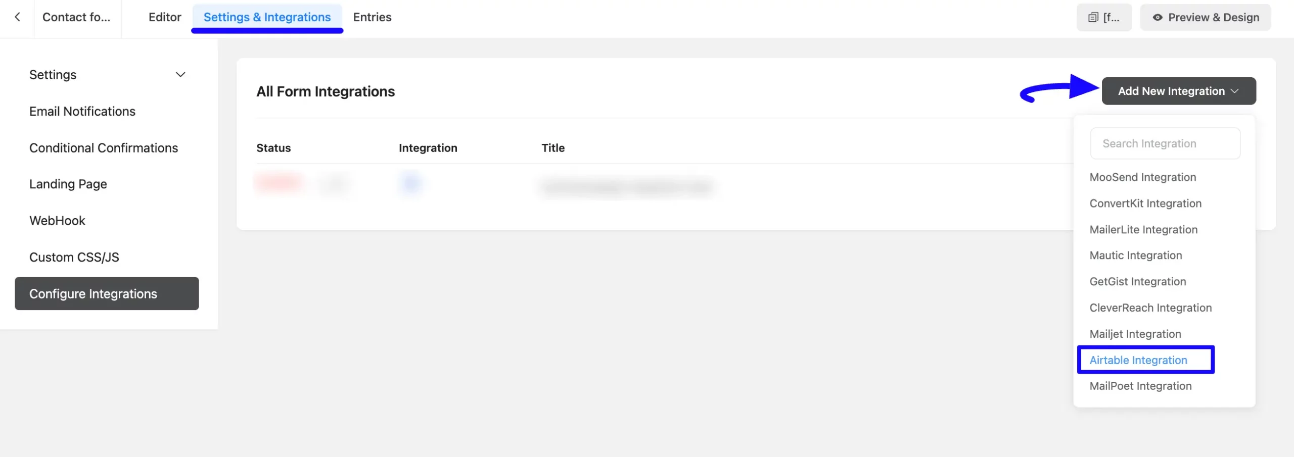Add Integration Button Integrate Airtable