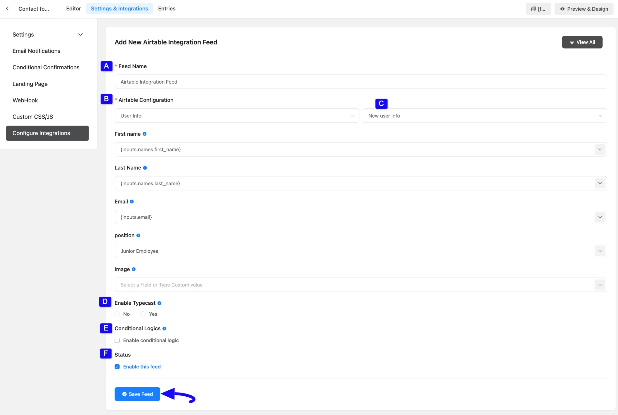 Save Feed Button Integrate Airtable