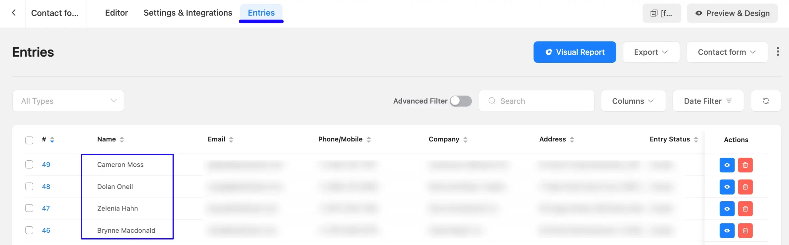 Entries Tab Fluent Forms
