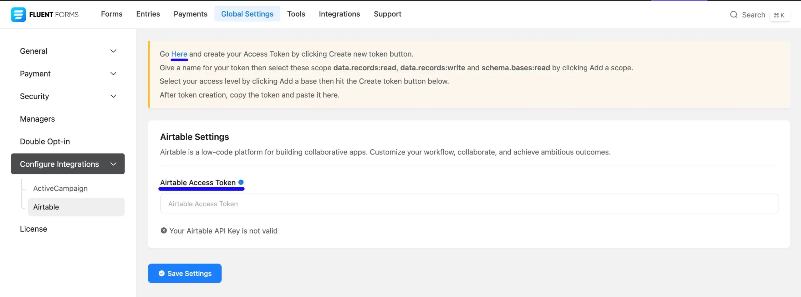 Airtable Settings Page