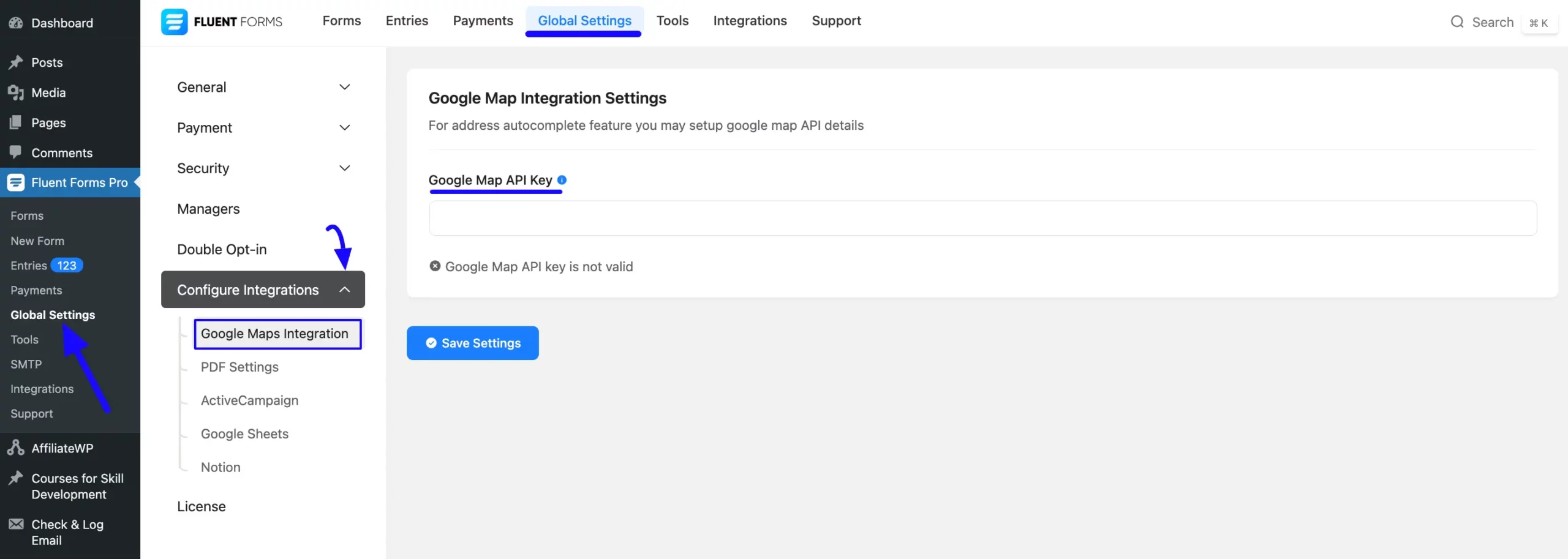 Google Maps Integration Settings Page