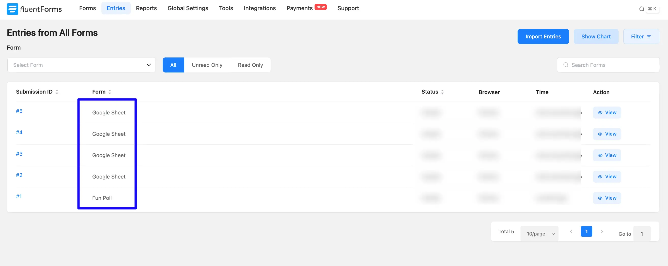 Entries Tab Fluent Forms