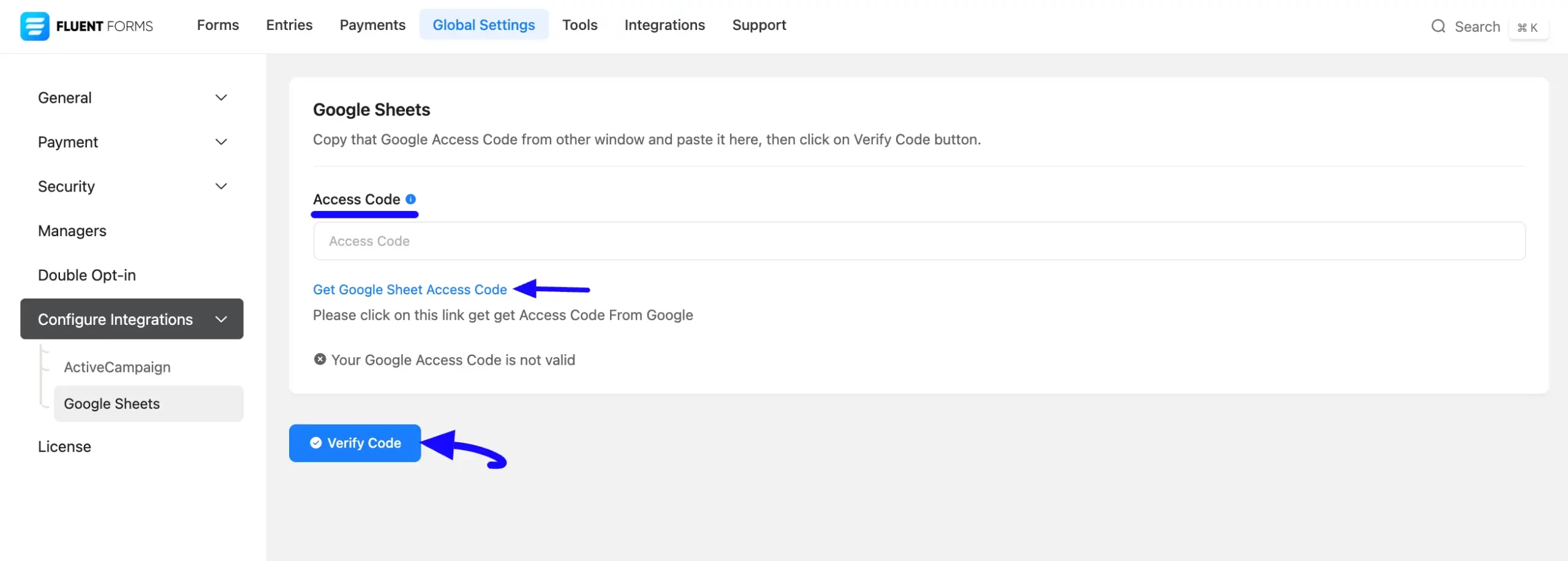 Access Code Fluent Forms