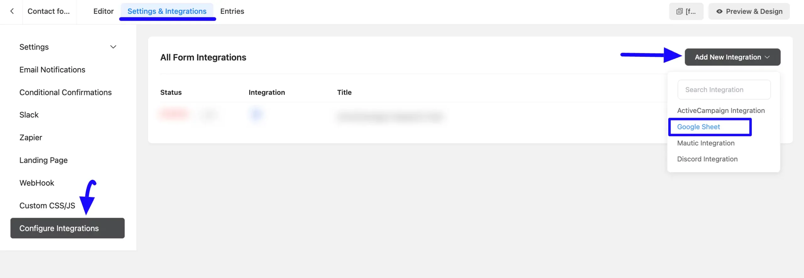 Add Integration Button Integrate Google Sheets