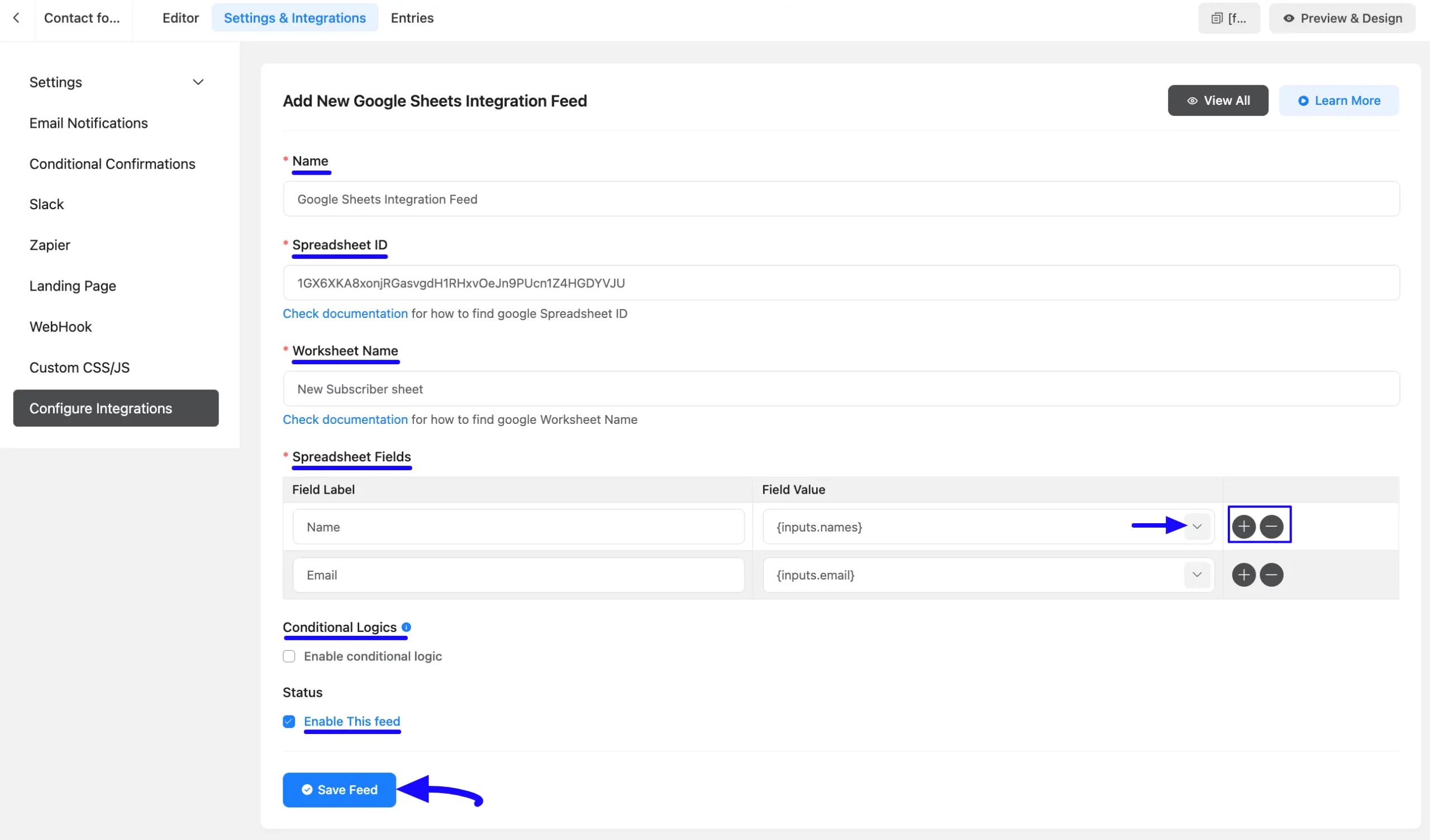 Save Feed Button Integrate Google Sheets
