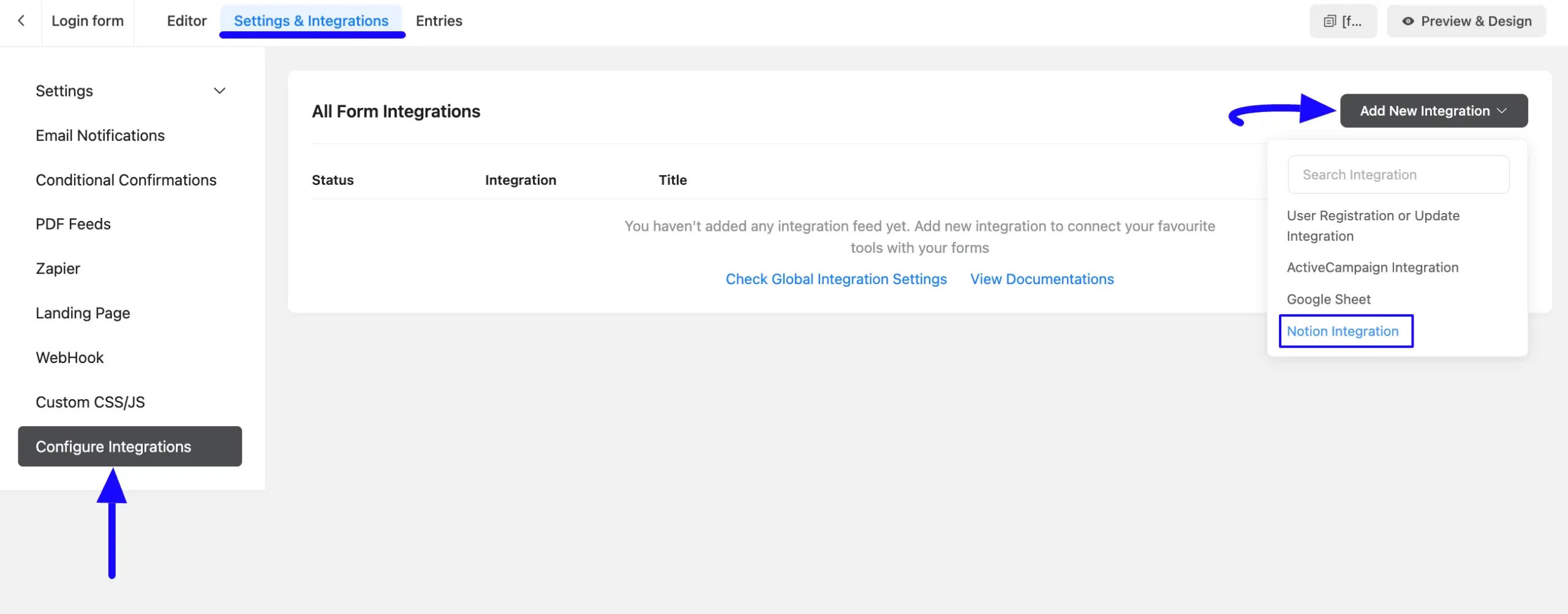 Add Integration Dropdown Integrate Notion