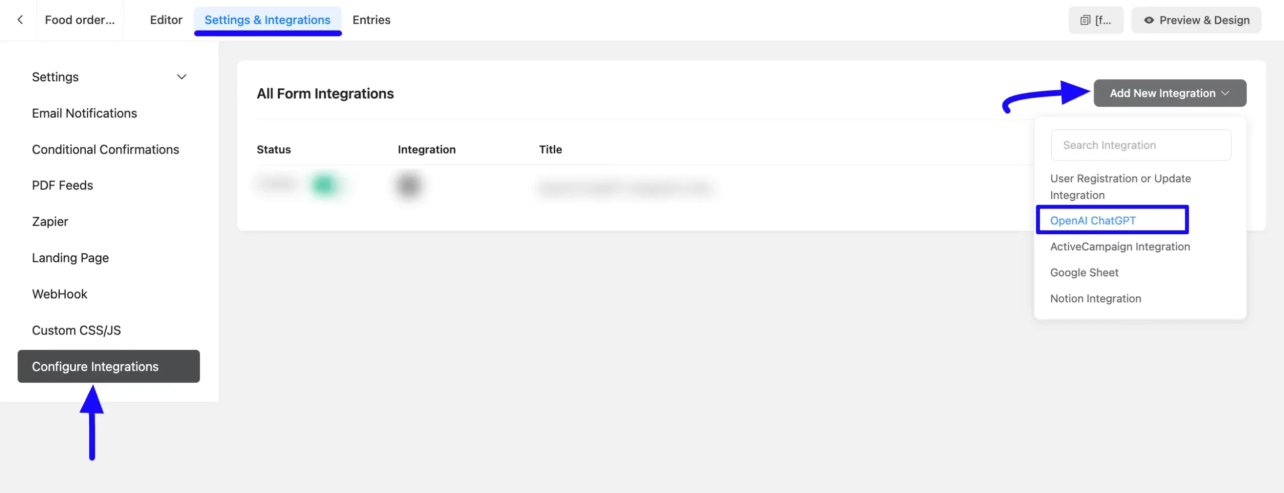 Add Integration Dropdown Integrate OpenAI ChatGPT