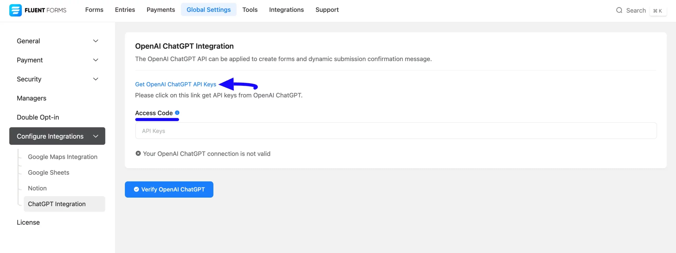 Access Code Fluent Forms