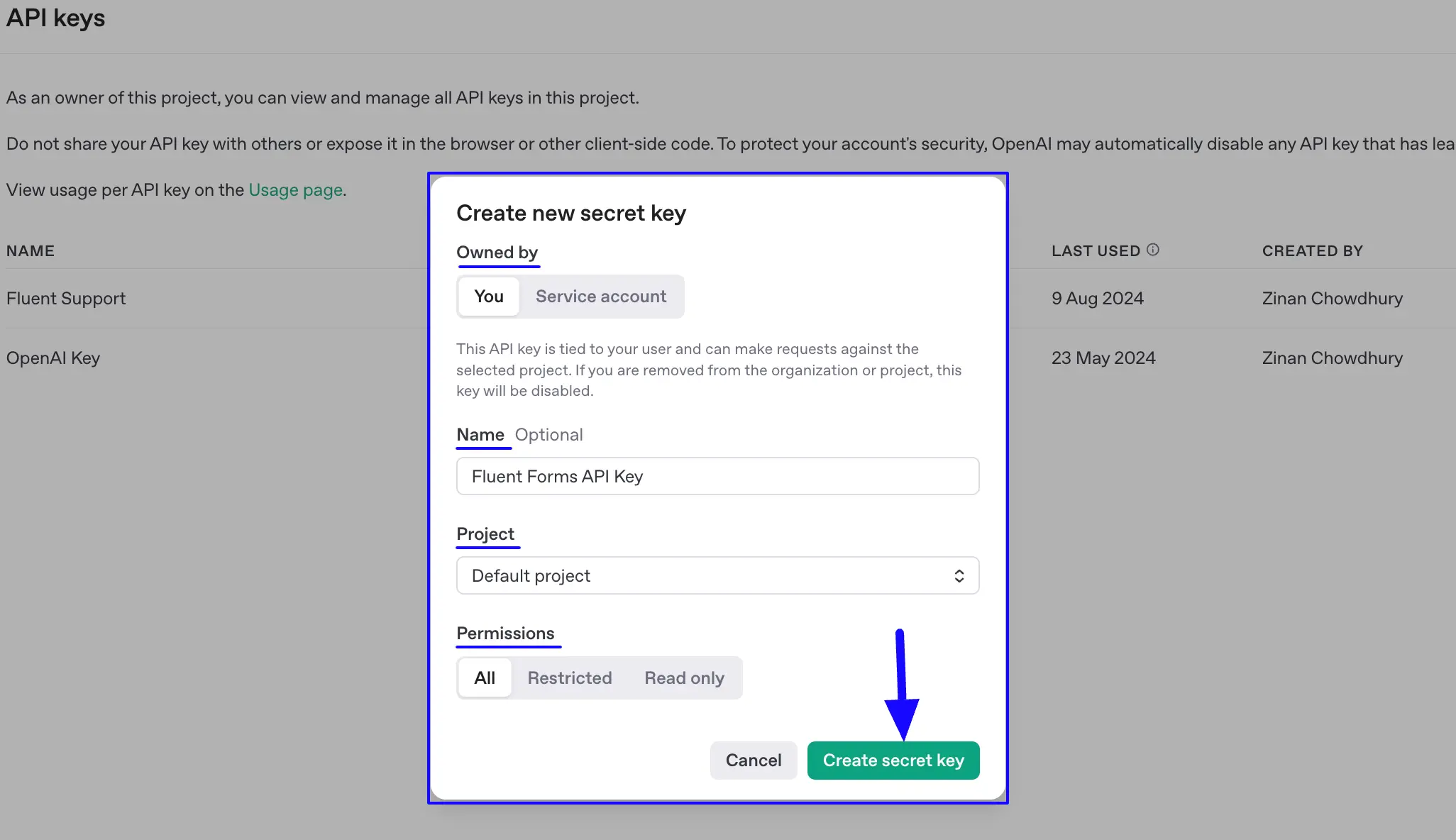 Create Secret Key Button