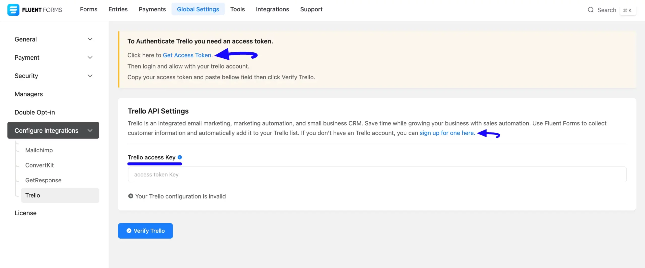 Trello API Settings