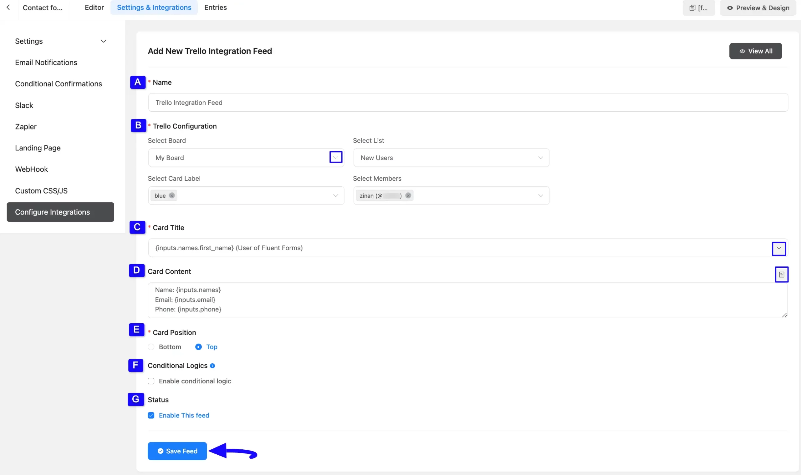 Save Feed Button Integrate Trello