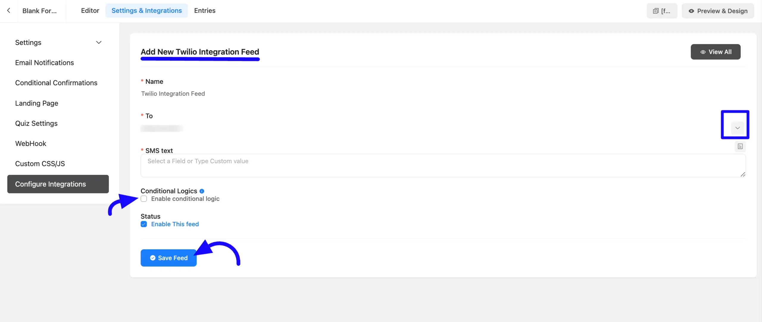 Add Twilio Integration Feed