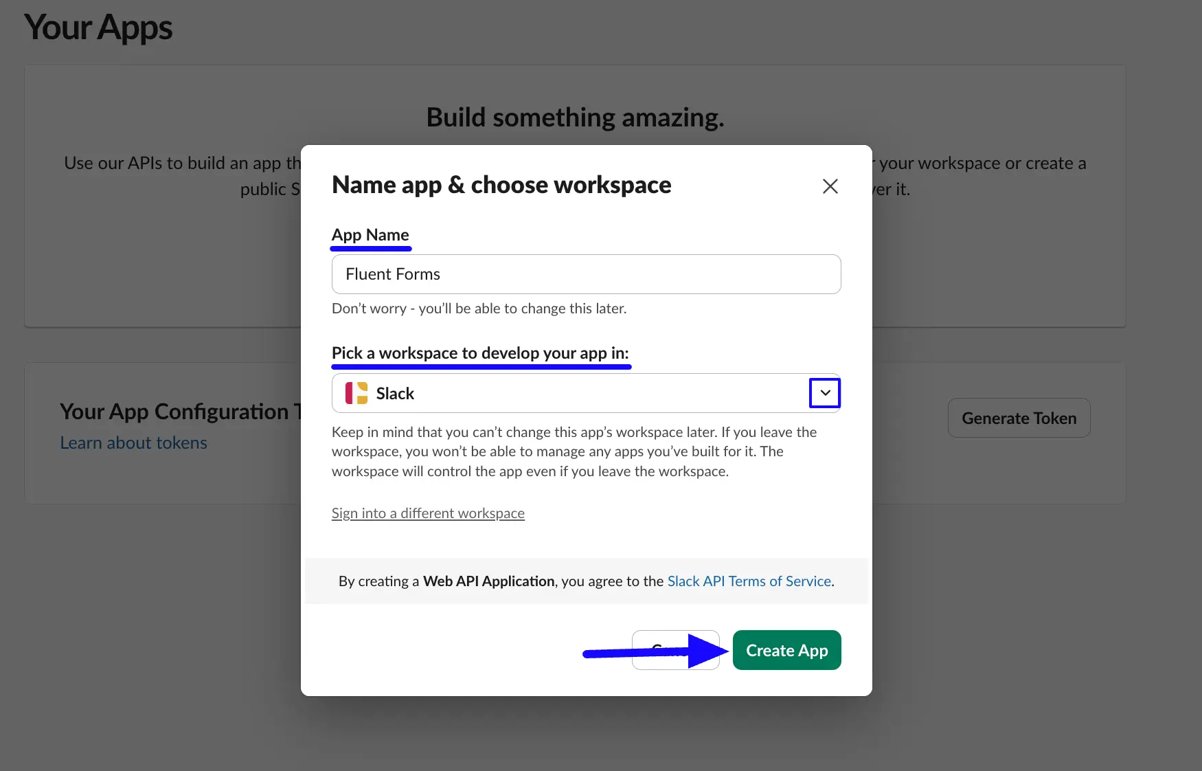 App Name Create App Button