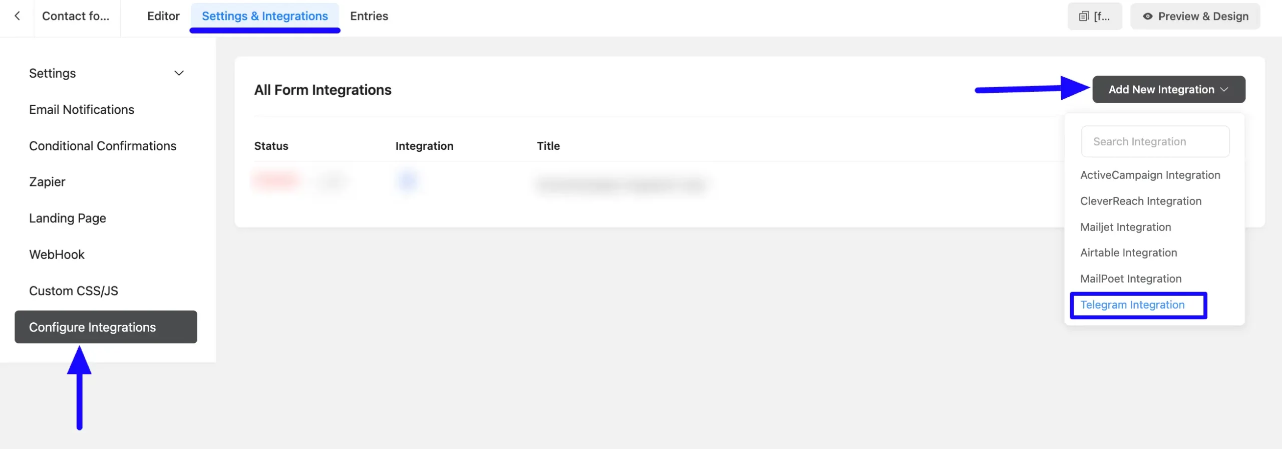 Add Integration Button Integrate Telegram