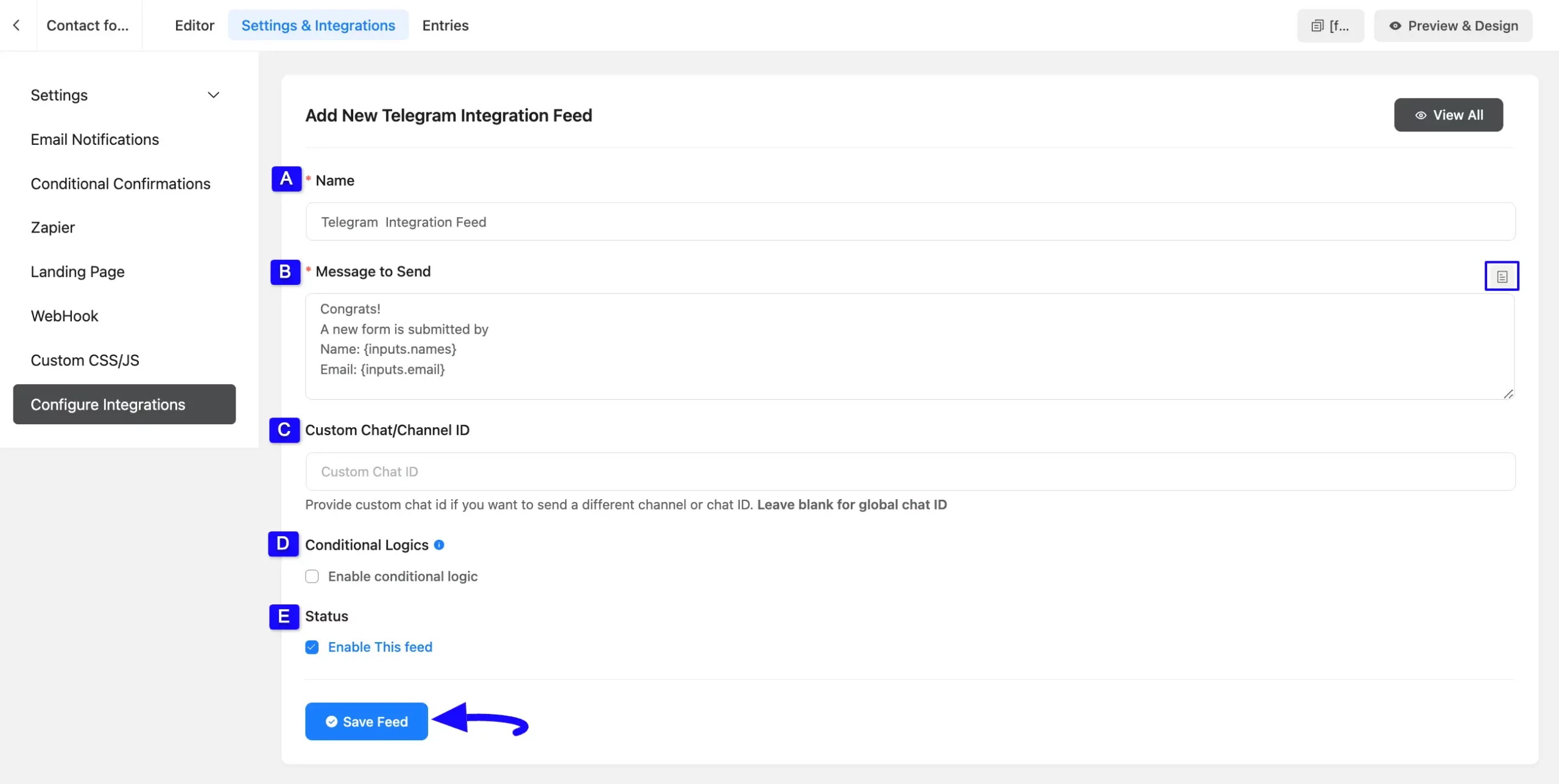 Save Feed Button Integrate Telegram