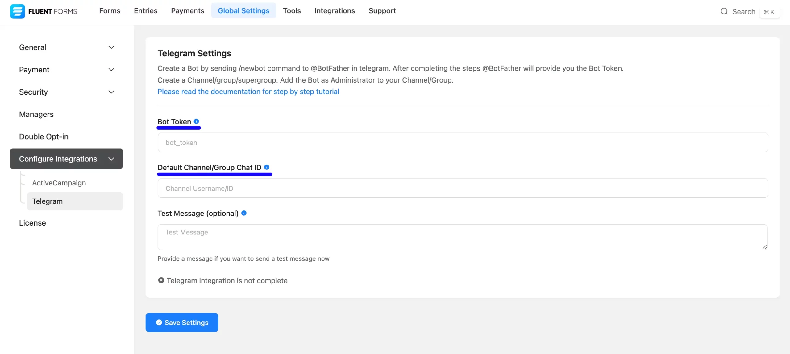 Telegram Settings Page