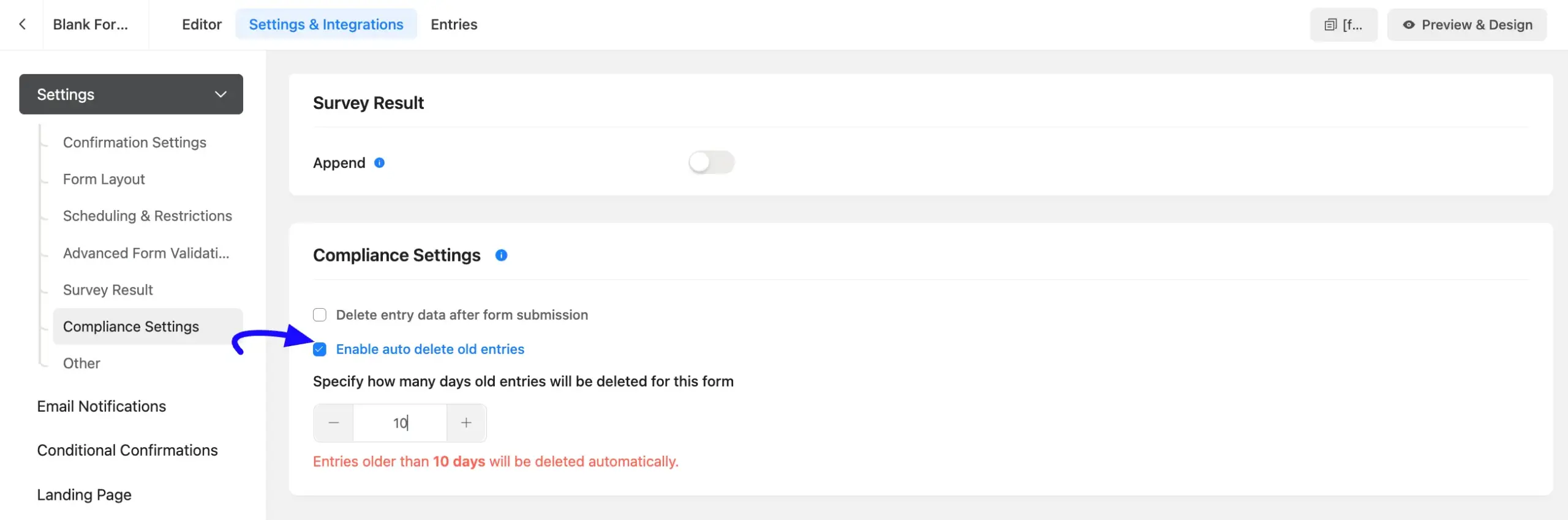 Enable Auto Delete Old Entries Automatically Delete Form Entries