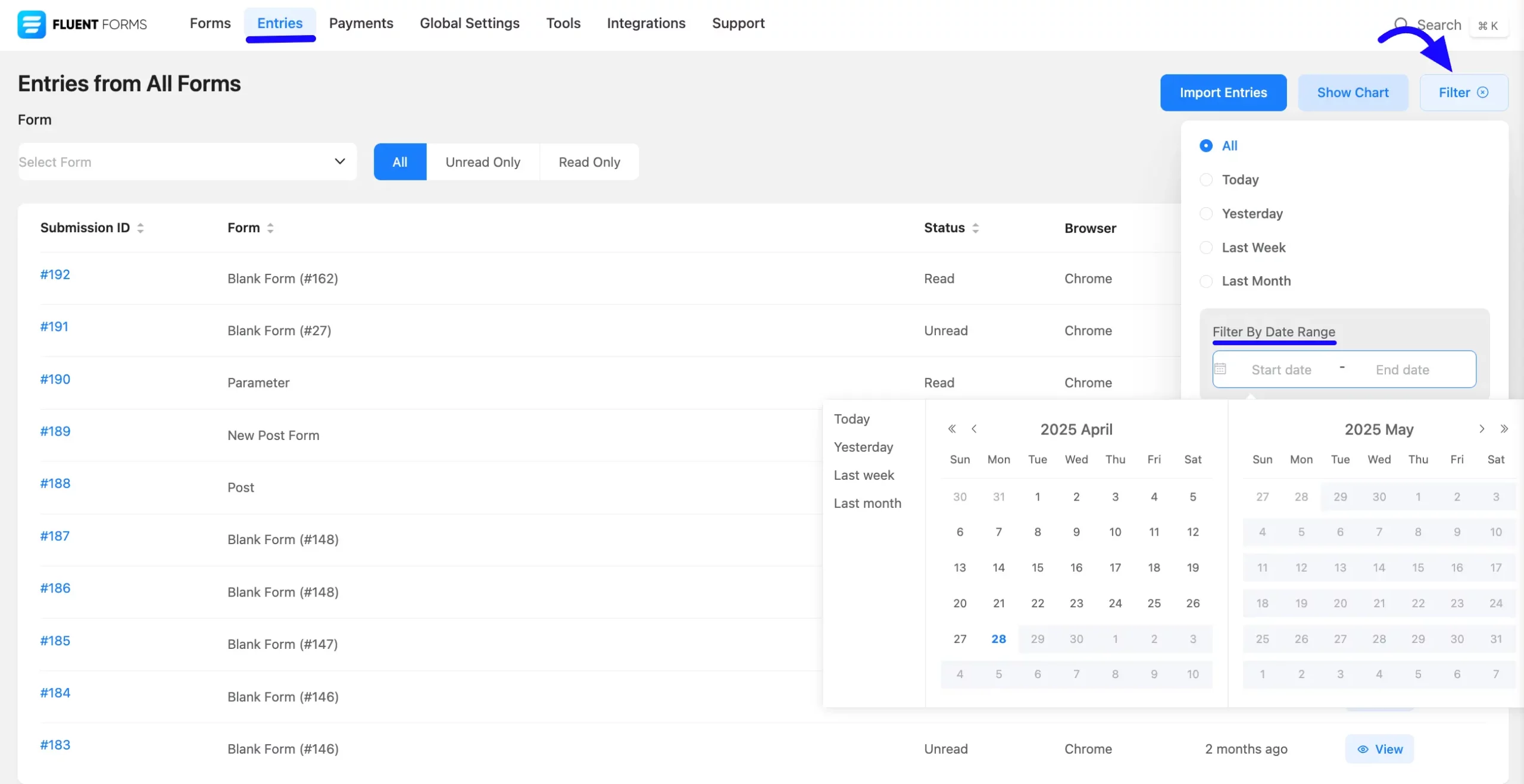 Entries Filter Fluent Forms