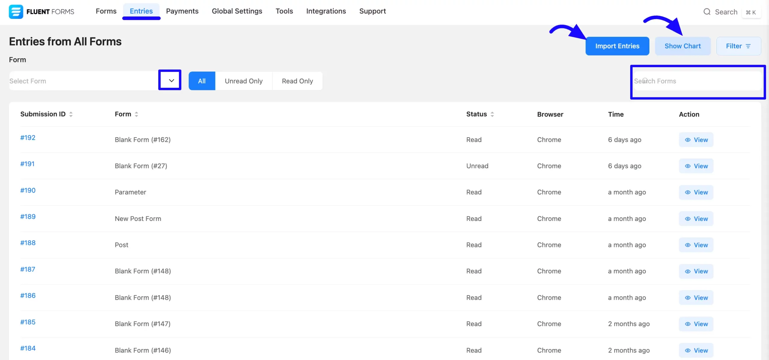 Entries Dashboards Fluent Forms