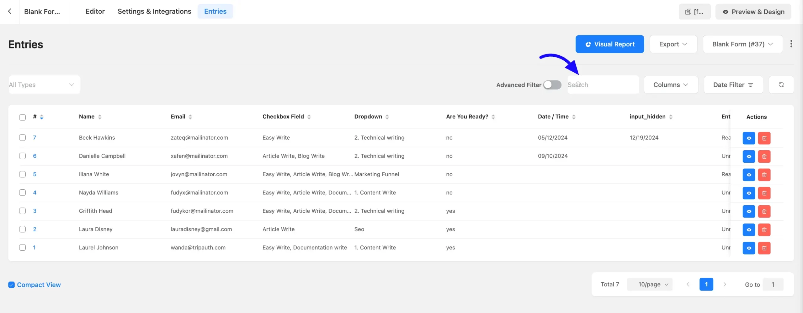 Search and Filter Form Entries step