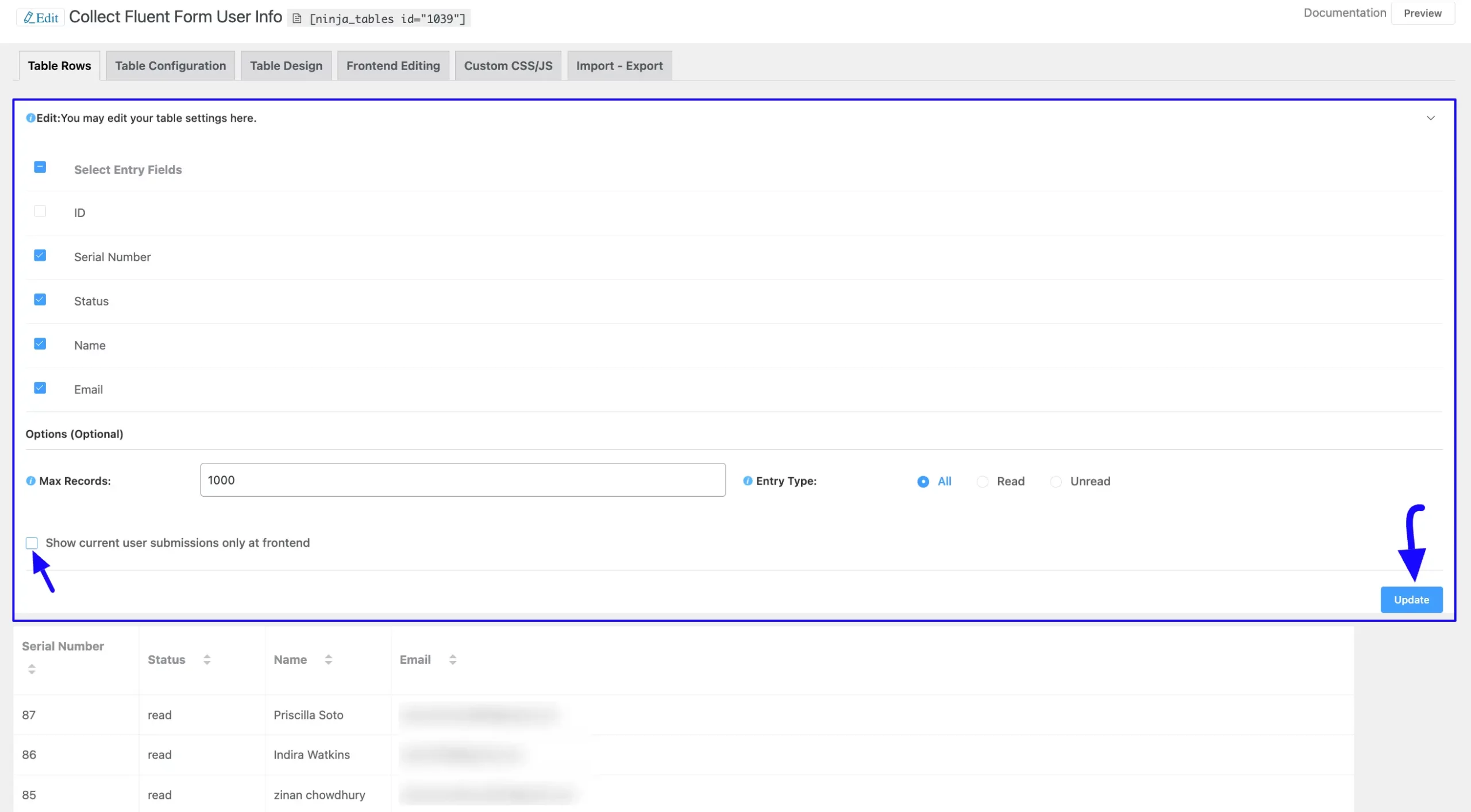 Edit Table Settings Show Fluent Forms Entries