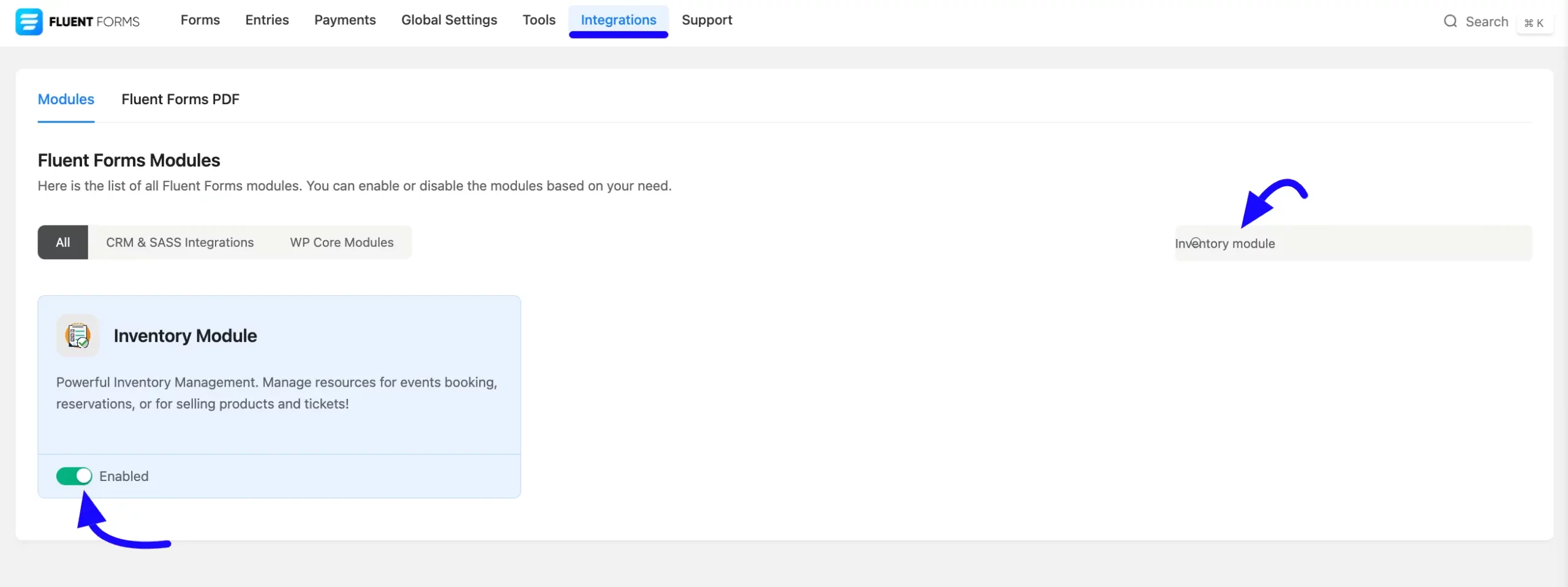 Enable Module Fluent Forms Inventory Module