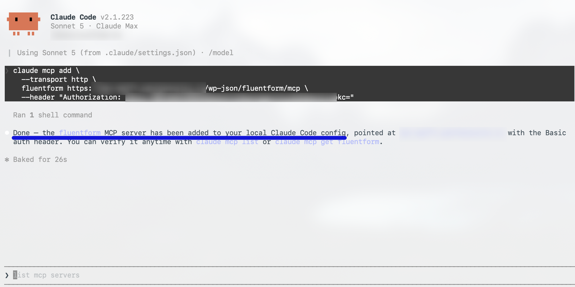 Claude Code terminal confirming the fluentform MCP server was added to the local config