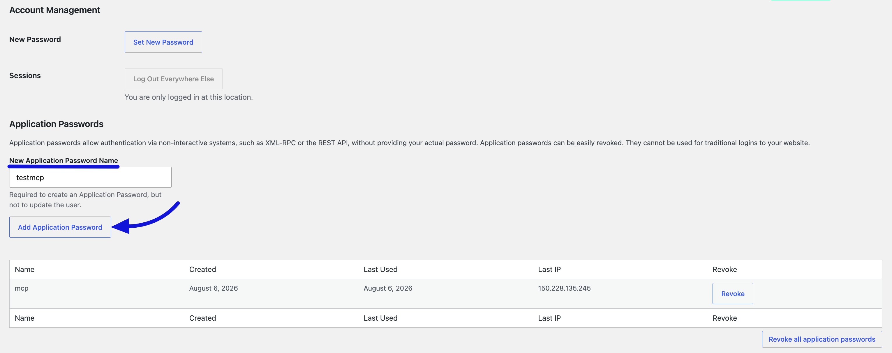 WordPress profile page showing the New Application Password Name field filled in with an arrow pointing at the Add Application Password button