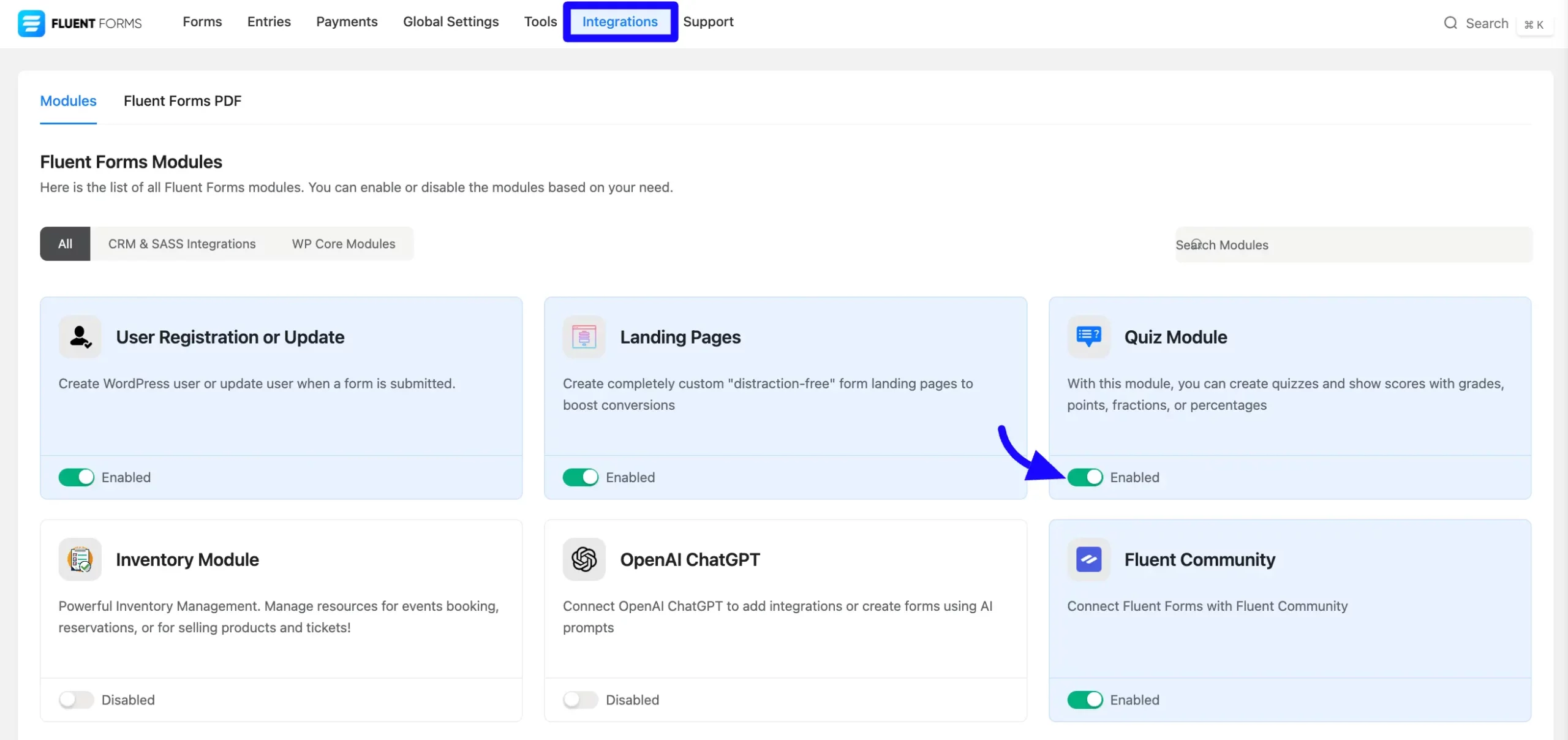 Enable Quiz Module Fluent Forms Quiz Module