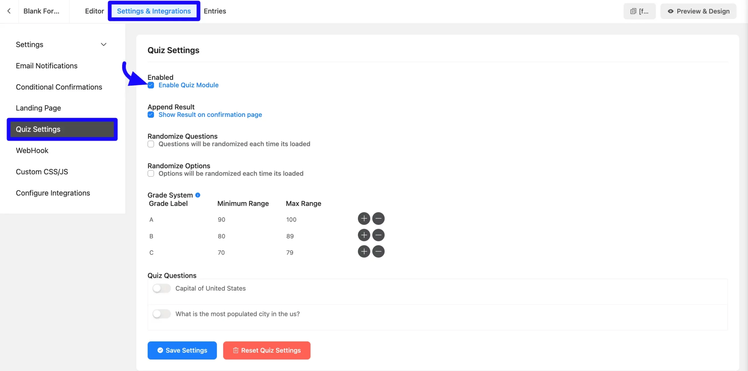 Enable Quiz Setting Fluent Forms Quiz Module