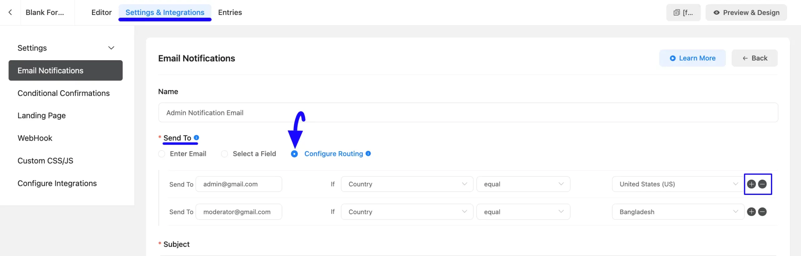 Configure Routing Option Conditional Email Routing