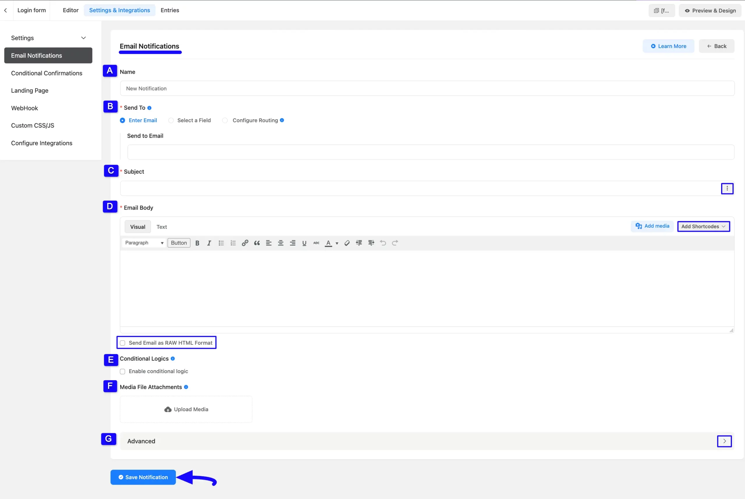 Email Notfications Page