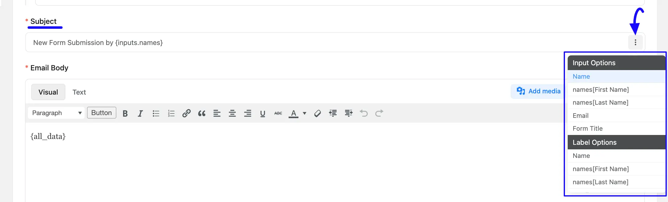 Subject Option Fluent Forms