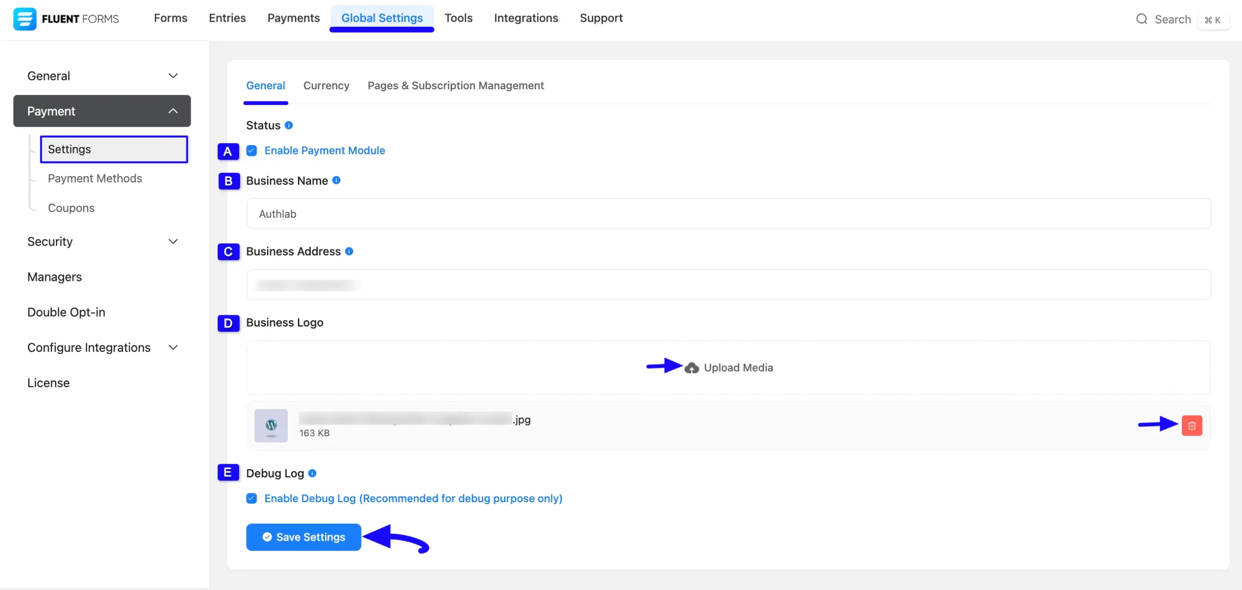 General Tab Under Payment Settings