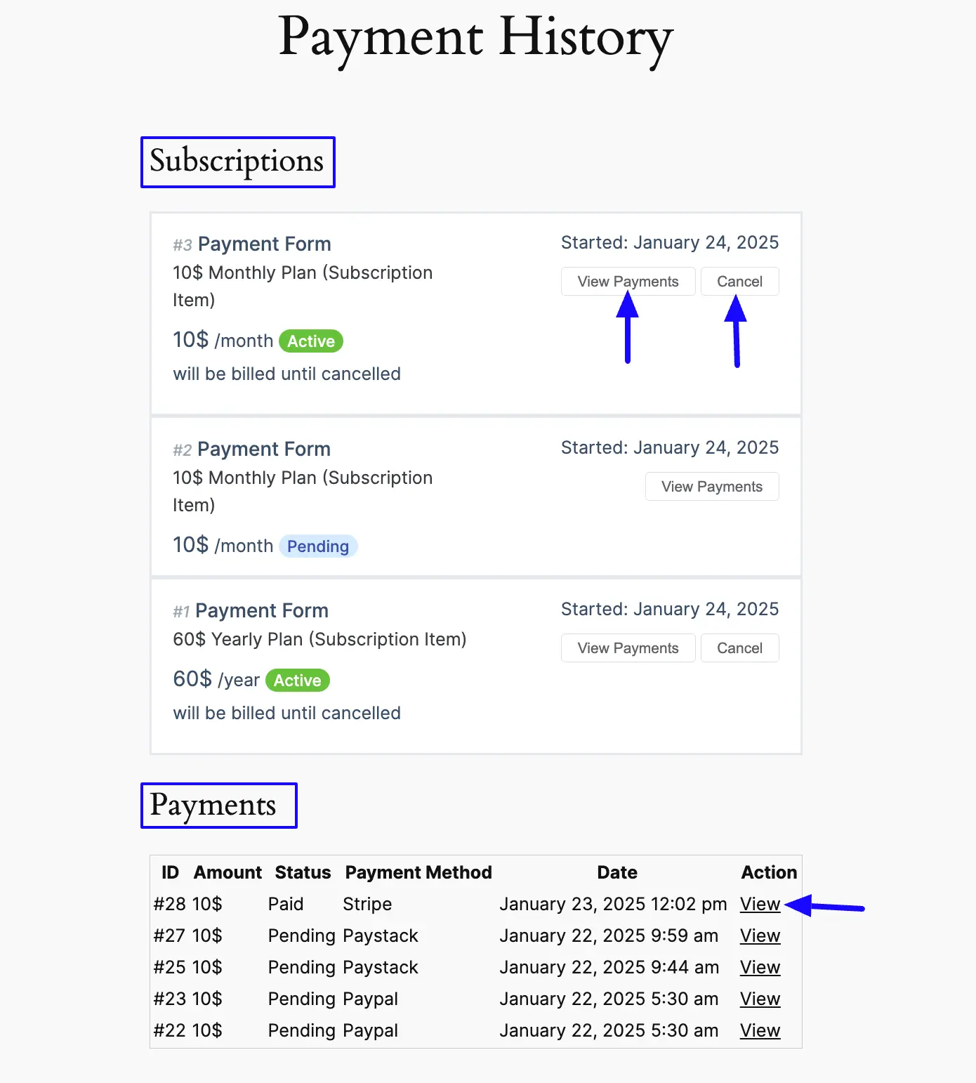 Preview Payment History Configure Payment Settings