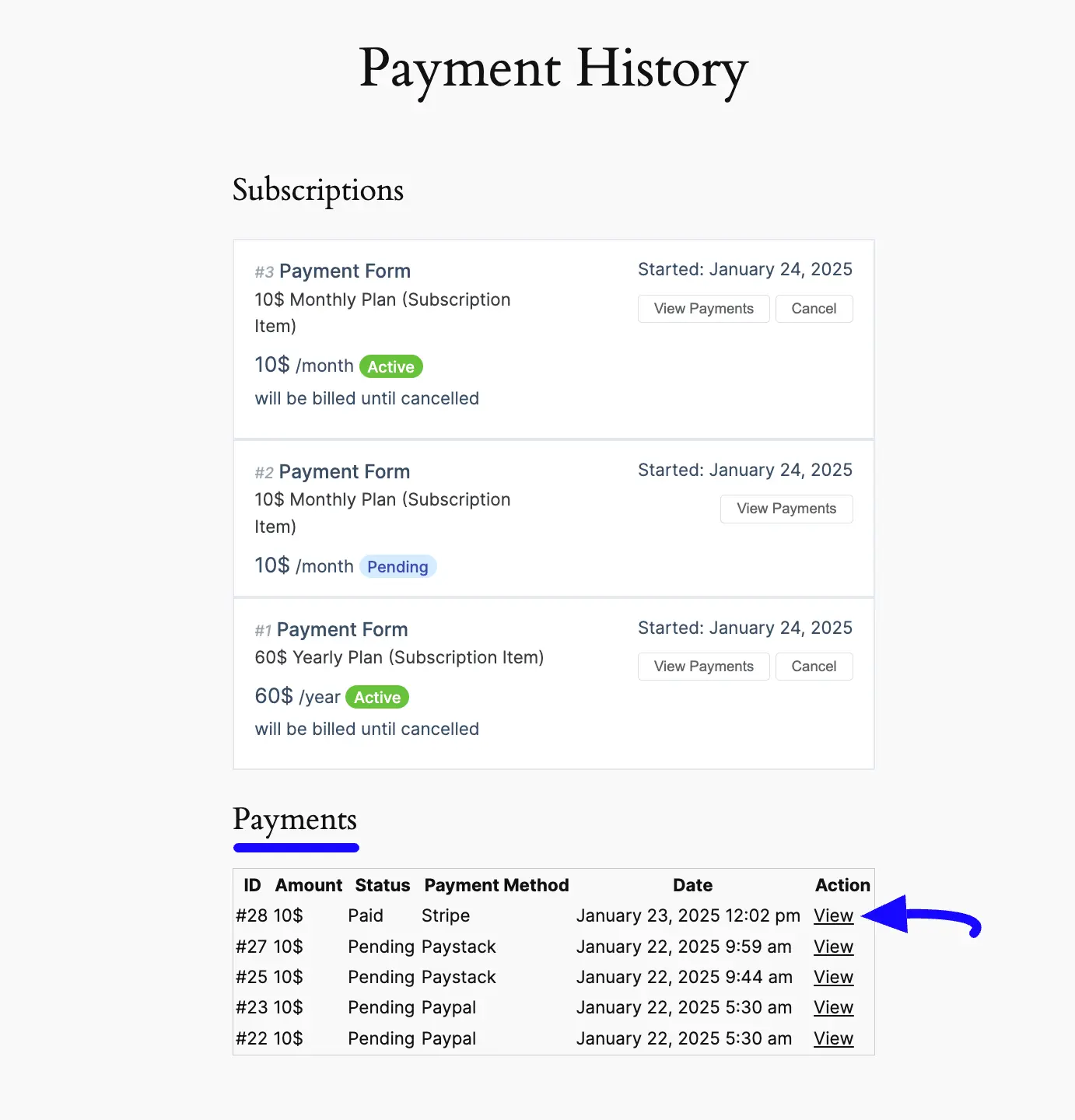 Payment History View Button