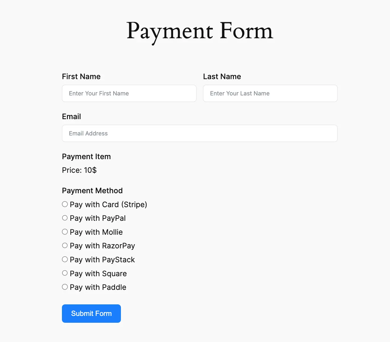 Preview Payment Create a Payment Form