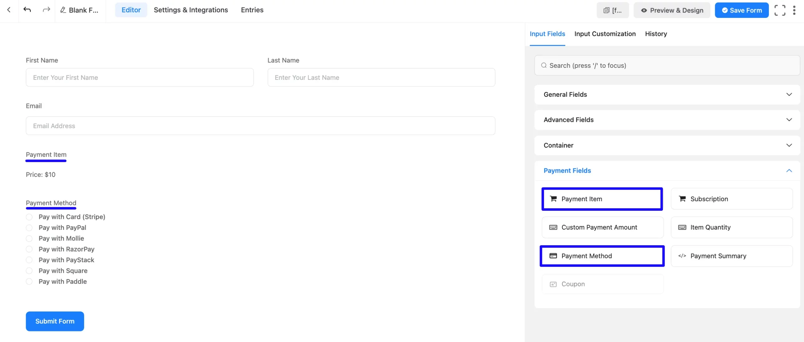Payment Item And Payment Method Fields