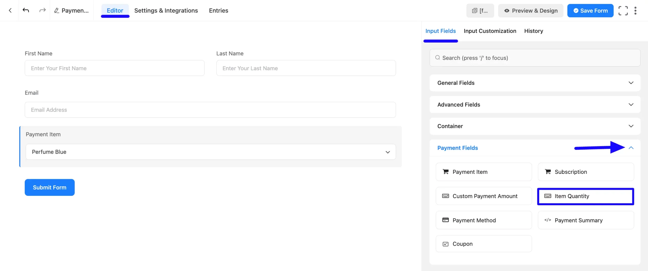 Add Item Quantity Field