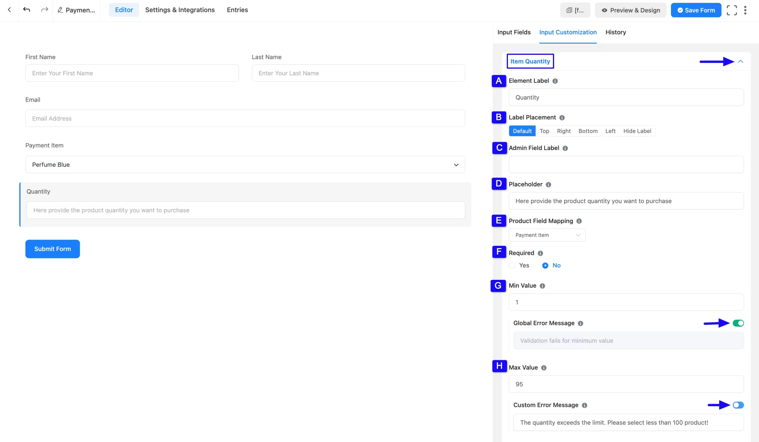 Item Quantity Customizarion Tab